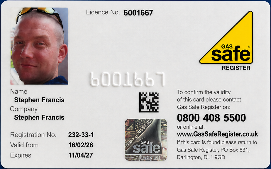 Stephen Francis Gas Safe licence card